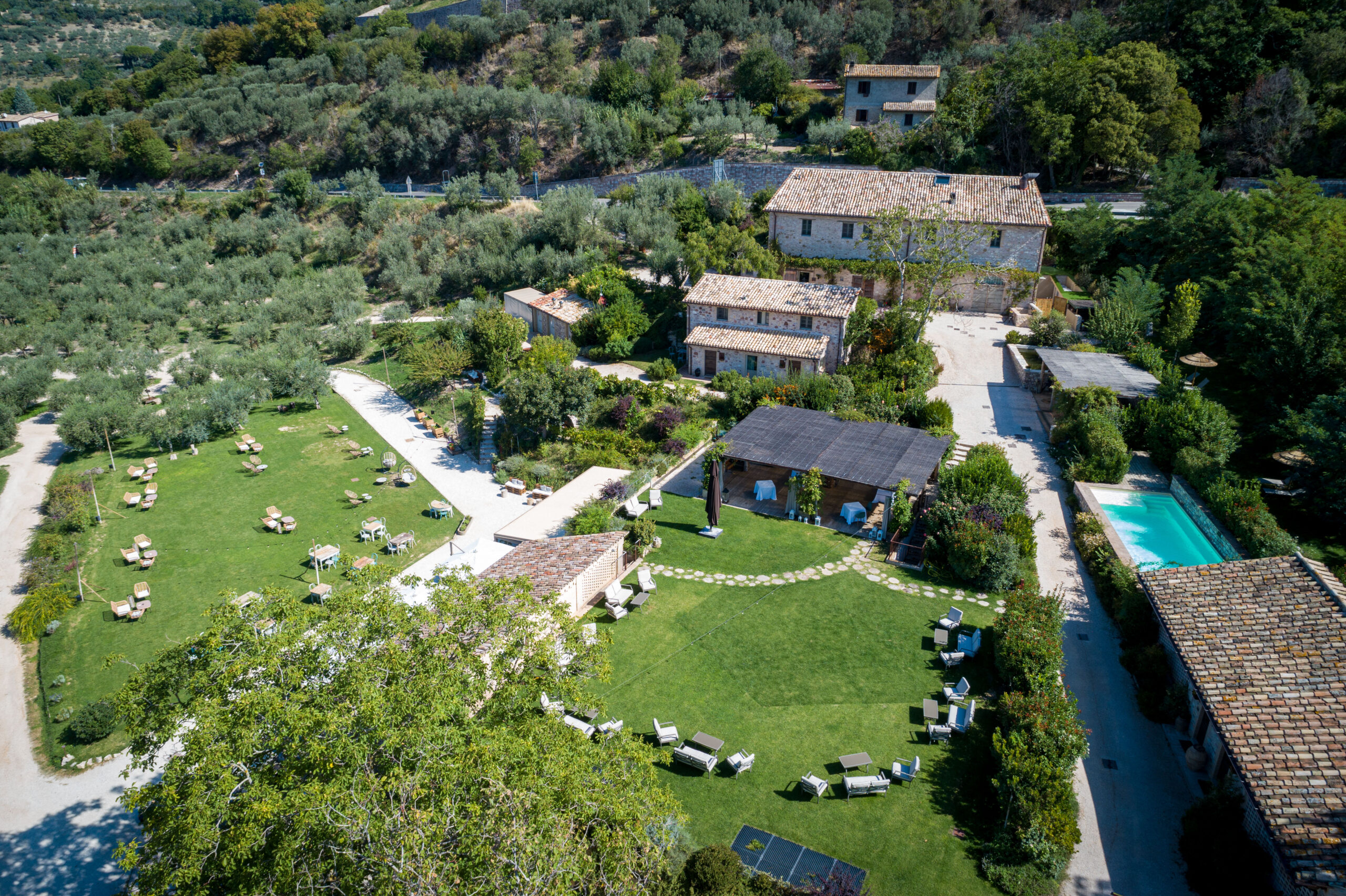 The estate from above: gardens, olive groves and pool